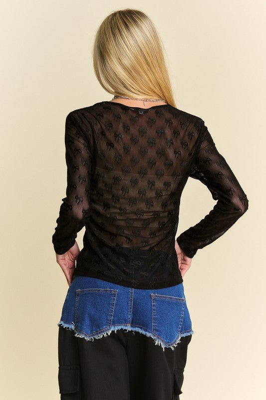Davi & Dani Bow Mesh Round Neck Long Sleeve Top for Women - Love Salve